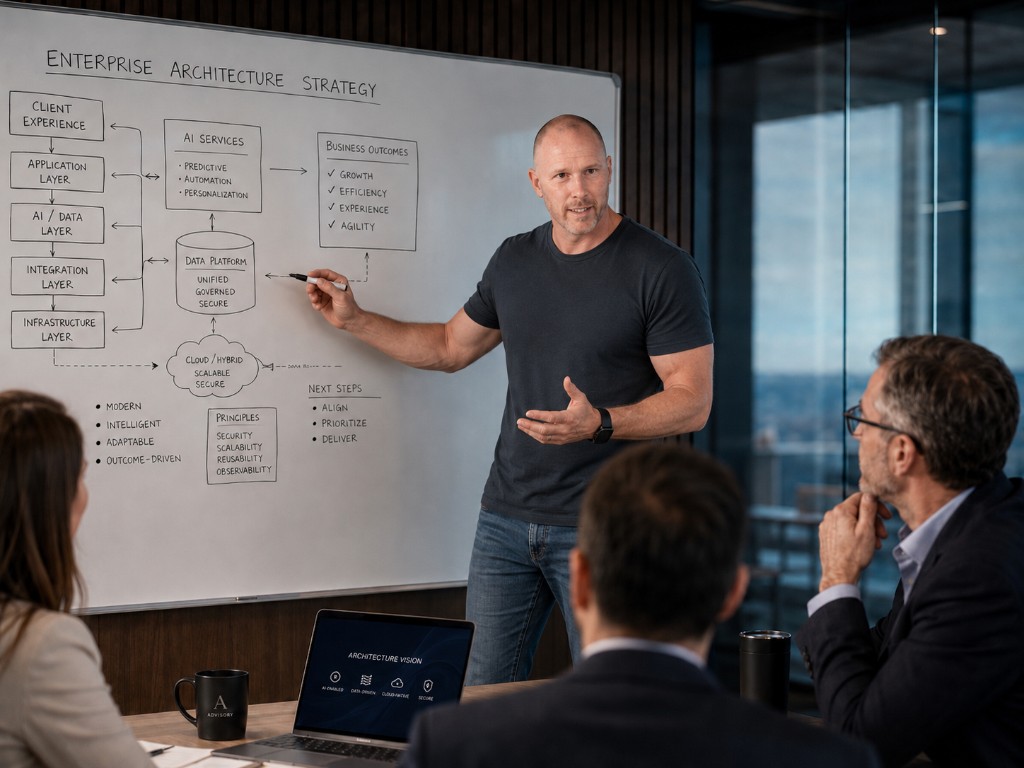 A senior operator presenting an enterprise architecture strategy on a whiteboard to three executives in a boardroom.